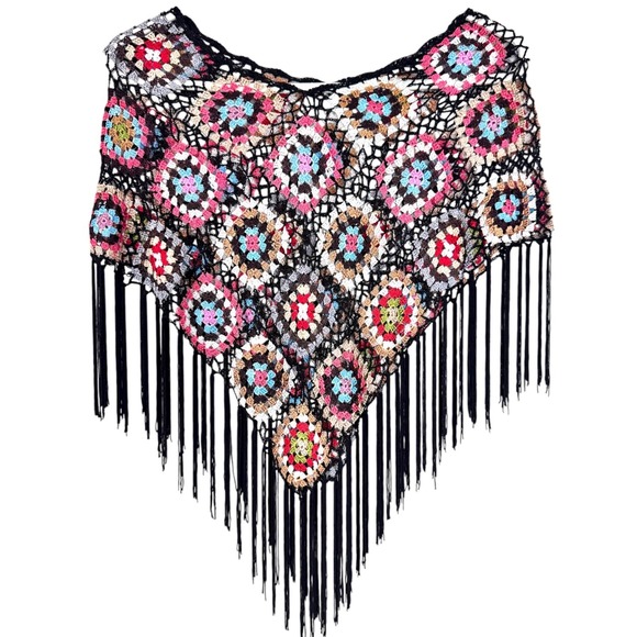 Crochet Poncho with Fringe Colorful Granny Square Poncho Boho Festival Hippie - Picture 1 of 10